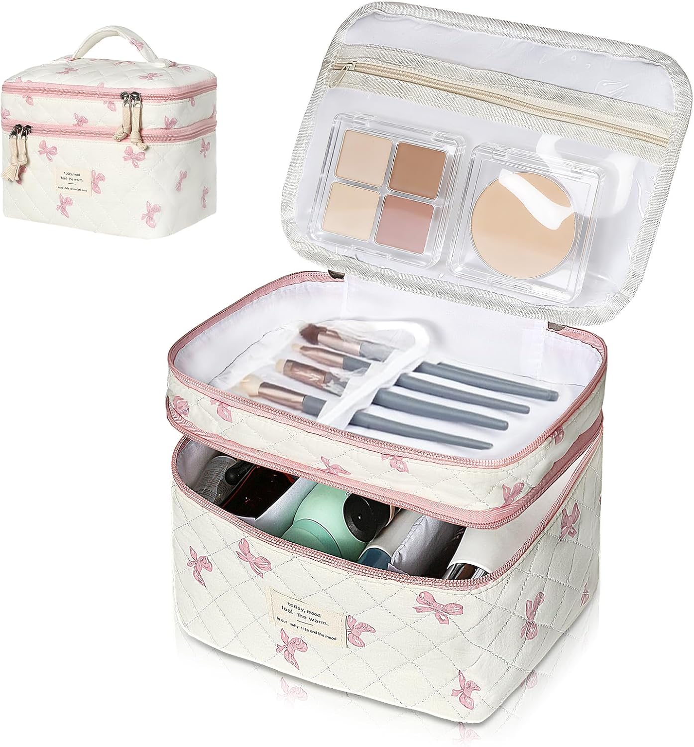 Makeup Bag, Portable Travel Make up Bag, Large Capacity Quilted Cosmetic Organizer Bag, Cute Floral Toiletry Bag for Women Girls (Pink Bow)
