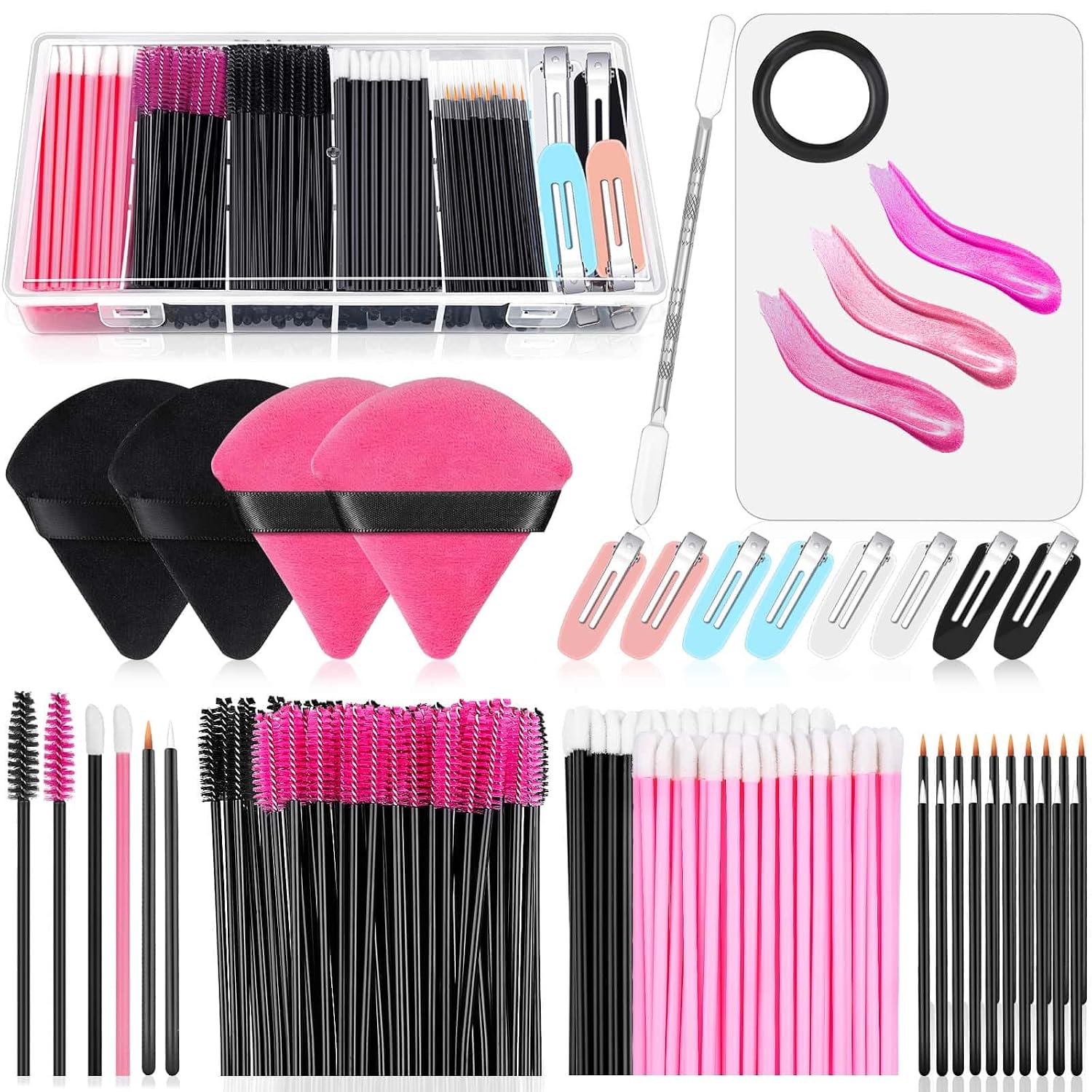 Disposable Applicators Kit with Makeup Puff, Mixing Palette, Artist Supplies, Accessories, Mascara Wands, Lip Brushes, Hair Clips, Powder Puffs for Face with Storage Box