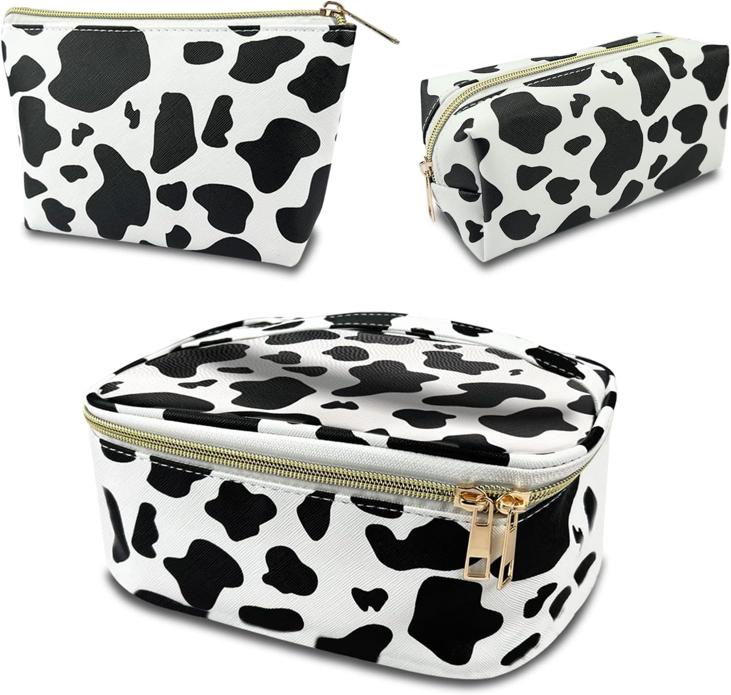 3Pcs Makeup Bag,Travel Makeup Bag,Makeup Bags for Women,Makeup Brush Bag,Large Capacity PU Cosmetic Bag,Waterproof and Durable-Black Cow Pattern