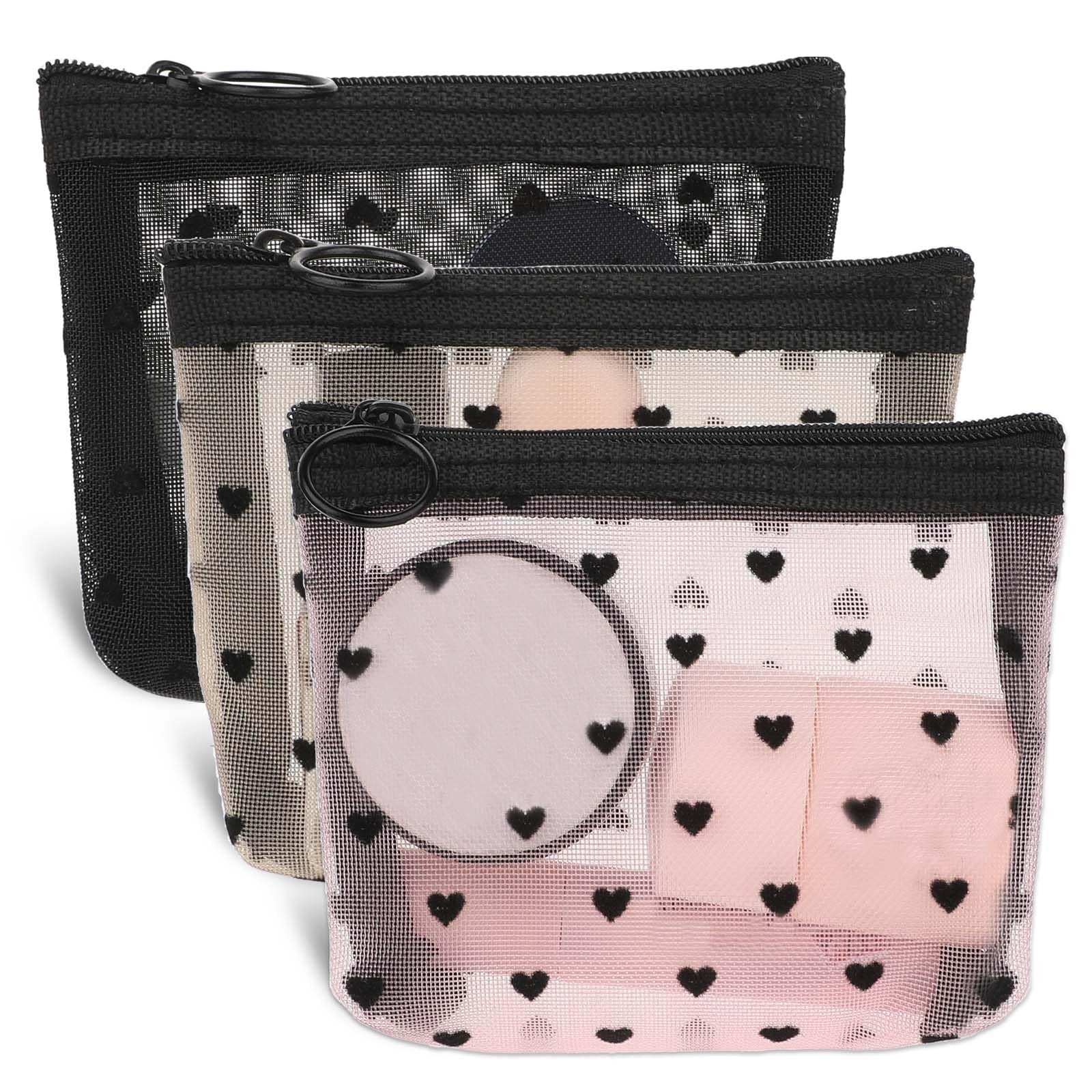 3 Pcs Mini Cosmetic Bags Heart Print Mesh Zipper Bags Makeup Lipstick Organizer
